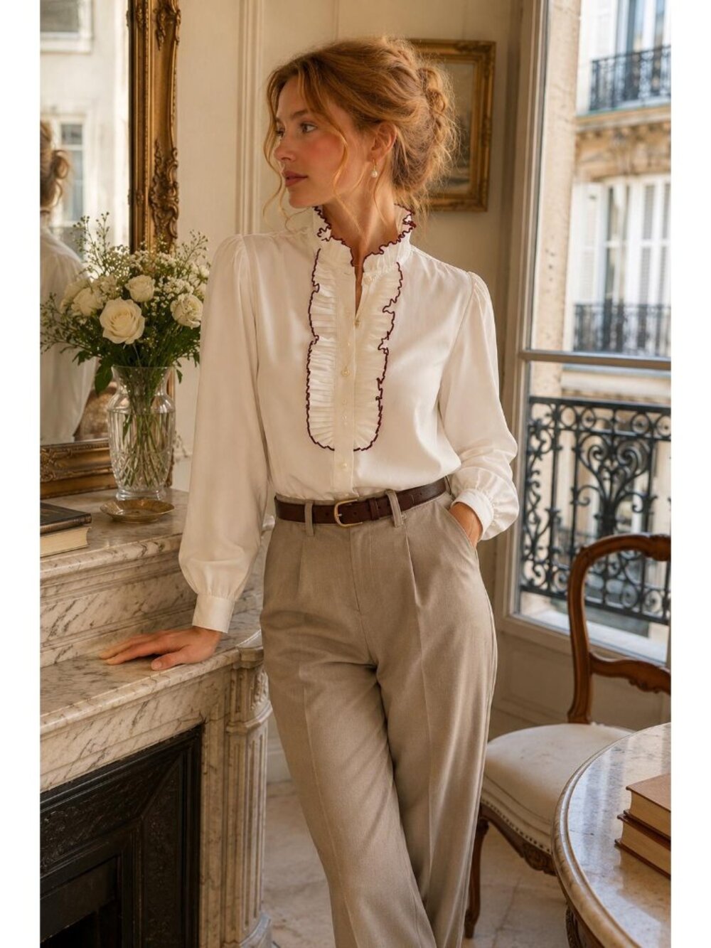 Vintage Lady Holiday White Ruffle Blouse | Burgundy Trim Victorian Secretary Top